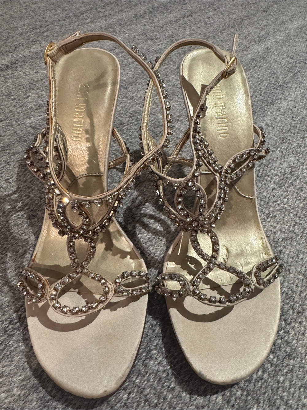 Ann Marino Rhinestone T-Strap Heeled Sandals in Gold